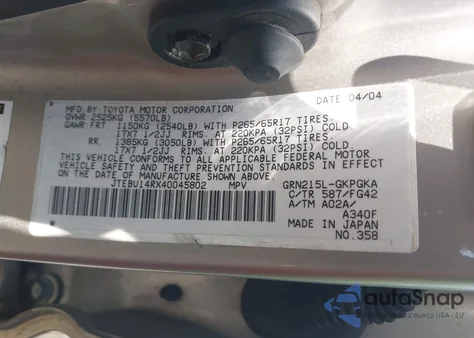 2004 Toyota 4Runner Sr5 V6 z USA, uszkodzony, nr VIN JTEBU14RX40045802